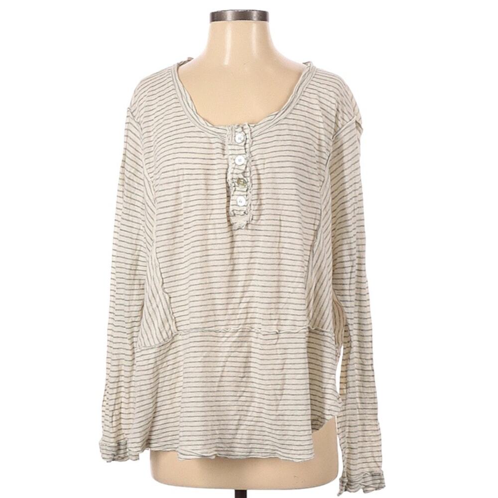 Free People Top Hong Kong Henley Natural Striped Linen Blend Women's Small Tunic